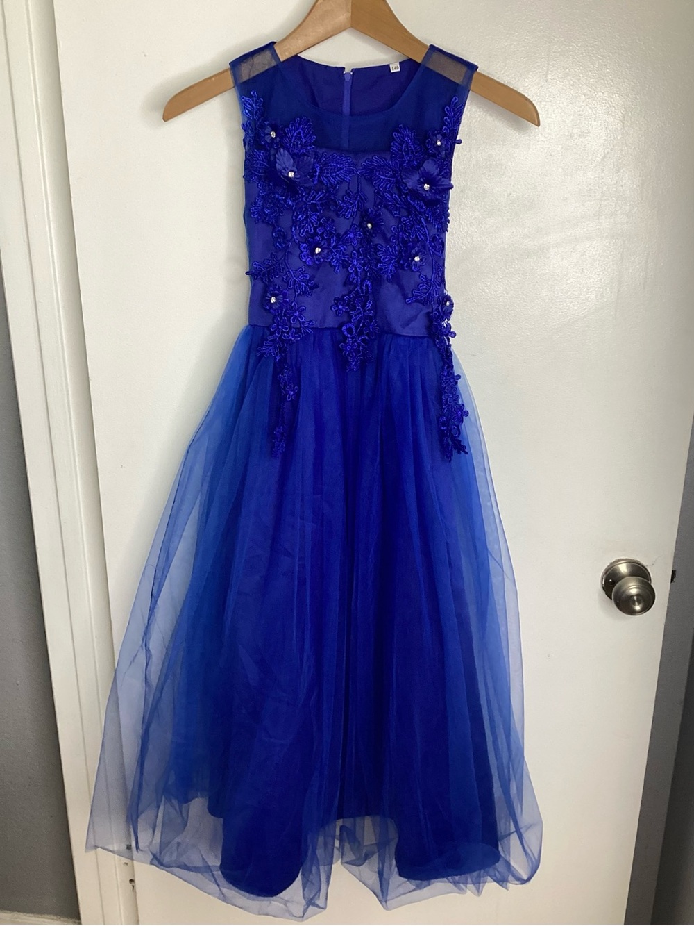 Girls' Cobalt Blue Floral Applique Tulle Party Dress 9/10